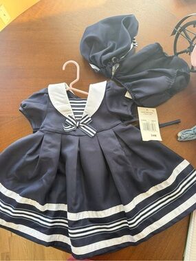 Navy Sailor-Style Baby Dress with Striped Bow